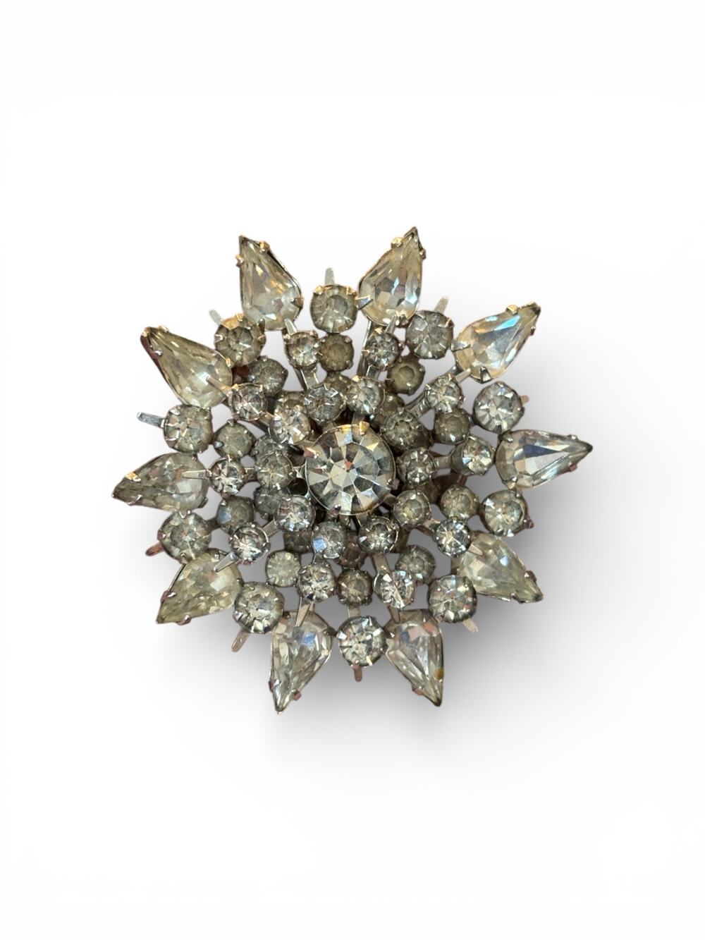 Vintage Coro Rhinestone Starburst Brooch Silver Tone Snowflake Pin Signed